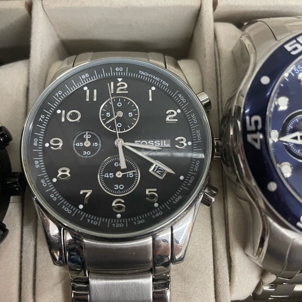 Fossil Black Dial Silver Band Watch